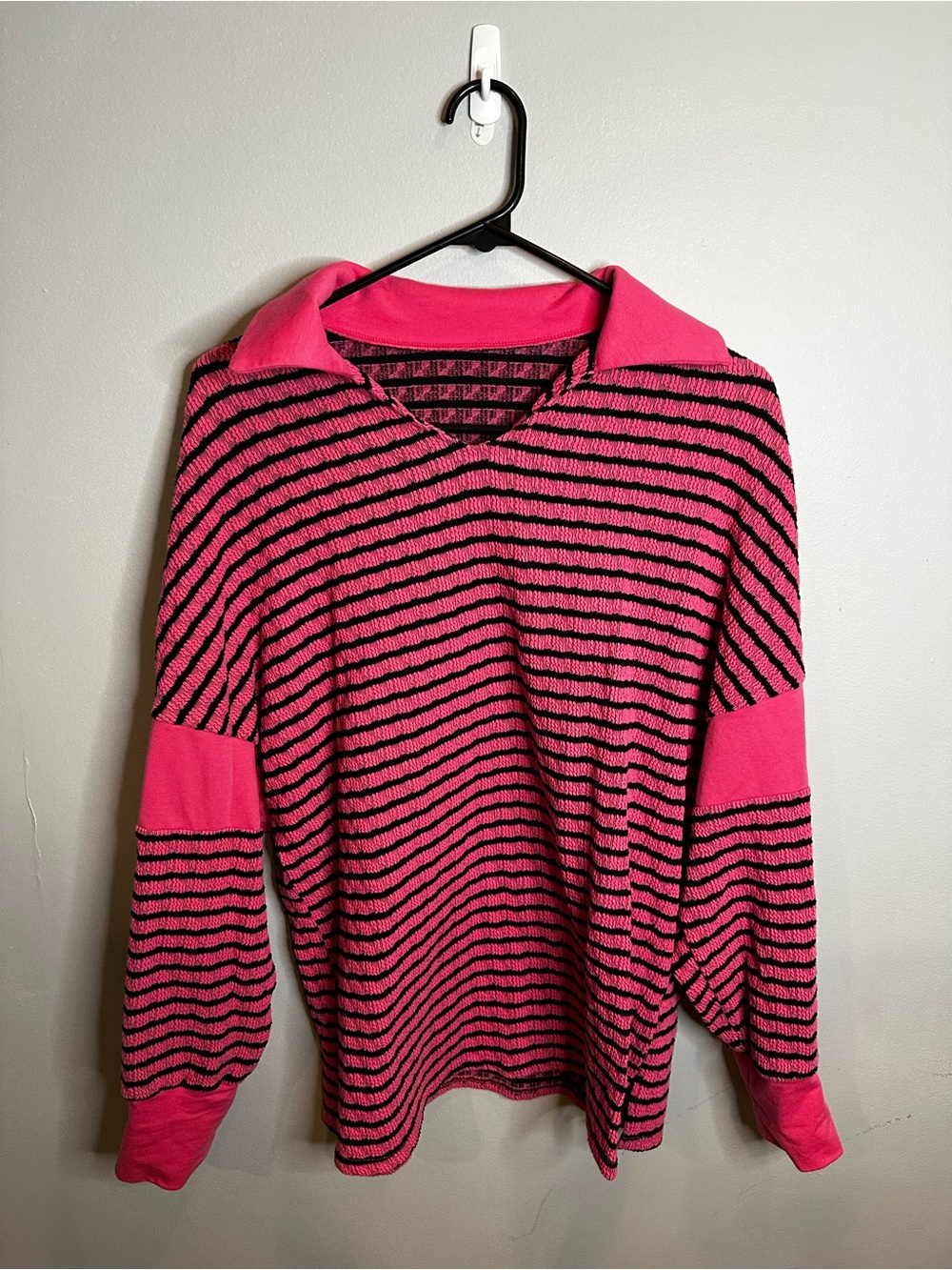 Vibrant Pink & Black Striped Collared Knit Sweater